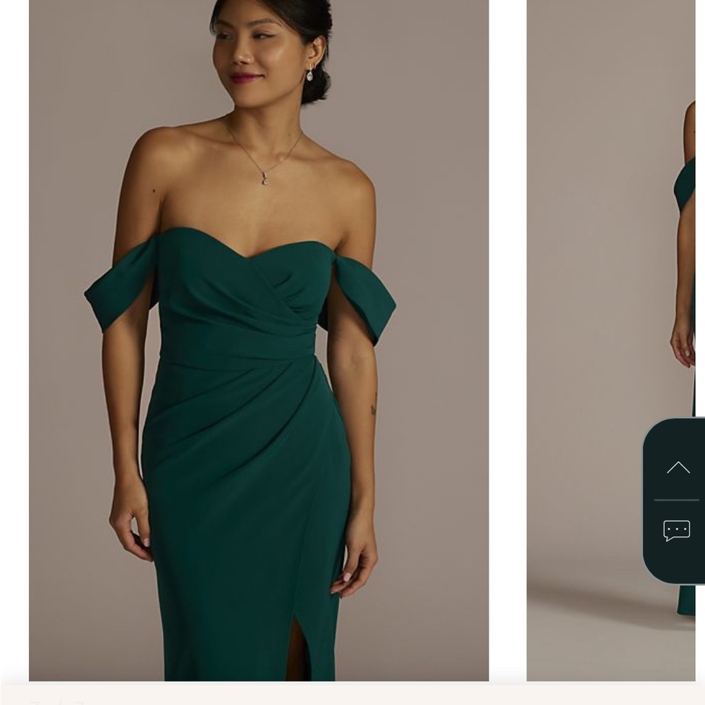 Davids Bridal Stretch Crepe off the shoulder bridesmaid dress - Picture 3 of 9